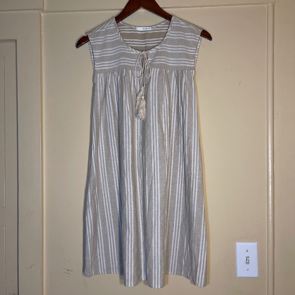 Linen Striped Sleeveless Dress with Tassel Tie